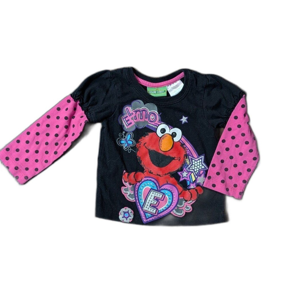 Girls Sesame Street Elmo Graphic Long Sleeve Shirt Polka Dot Sleeves Hearts 12m